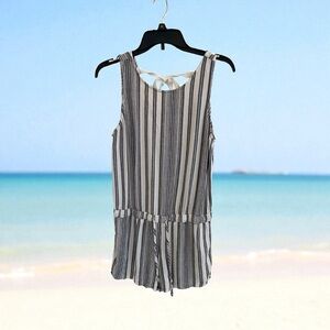 Linen Blend Striped Sleeveless Jumpsuit Size Medium Front‎ Tie